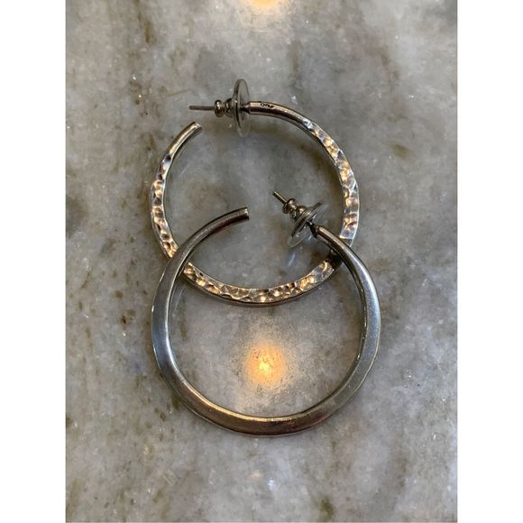 .925 Sterling Silver Hammered Hoop Earrings #classic - Picture 5 of 6